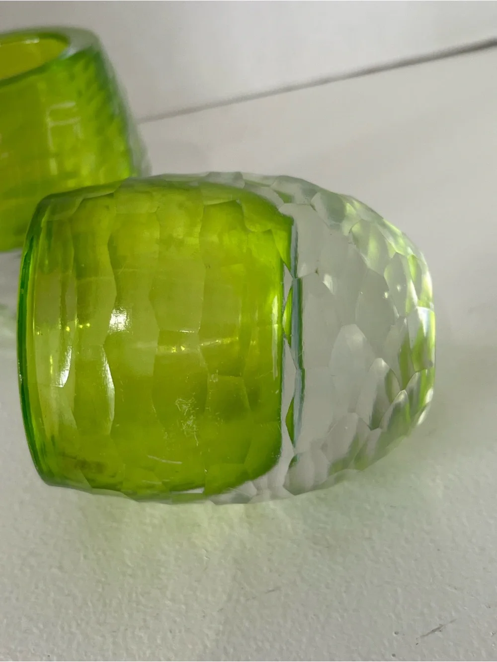 Vintage Faceted Green & clear heavy  Glass Votive Holder Set -